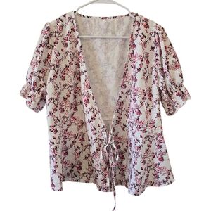 Womens XL Pink White Floral Tie-Front Blouse